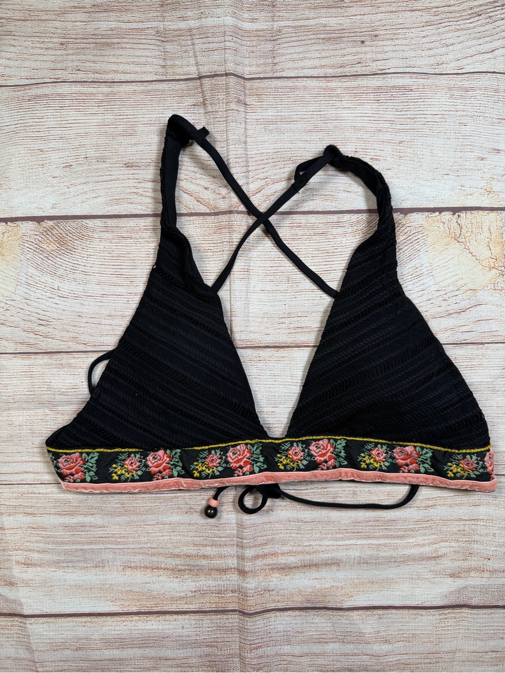 Black Triangle Bikini Top with Floral Embroidered Trim